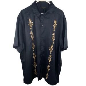 Visitor Studio Linen Embroidered Button Up‎ Shirt Mens 2X Black Tropical Boho